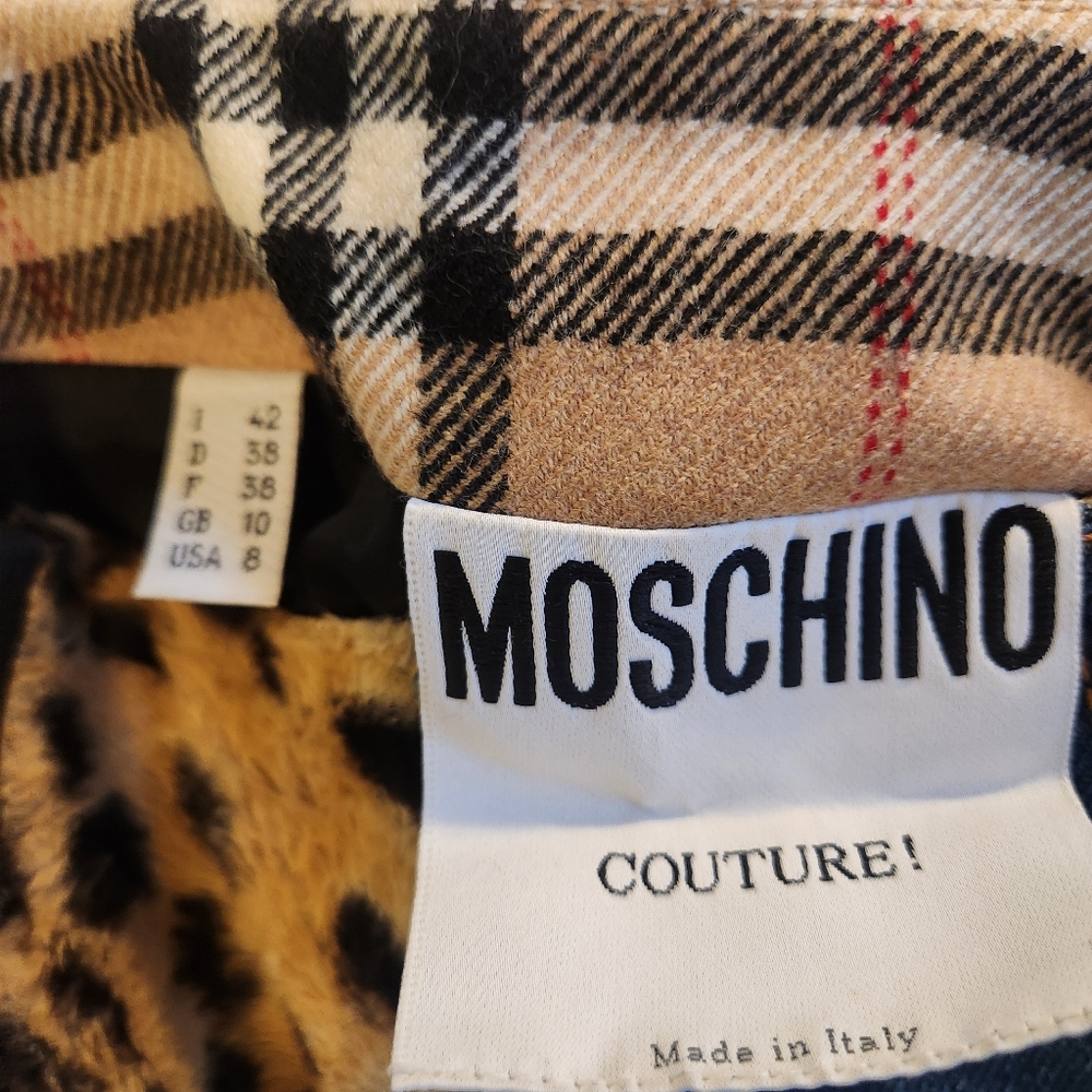 Moschino Couture! 1990s Vintage Patchwork Skirt Wool Faux Leather Denim Faux Fur - Picture 12 of 17
